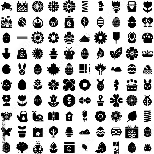 Collection Of 100 Spring Icons Set Isolated Solid Silhouette Icons Including Background, Nature, Flower, Design, Spring, Vector, Banner Infographic Elements Vector Illustration Logo