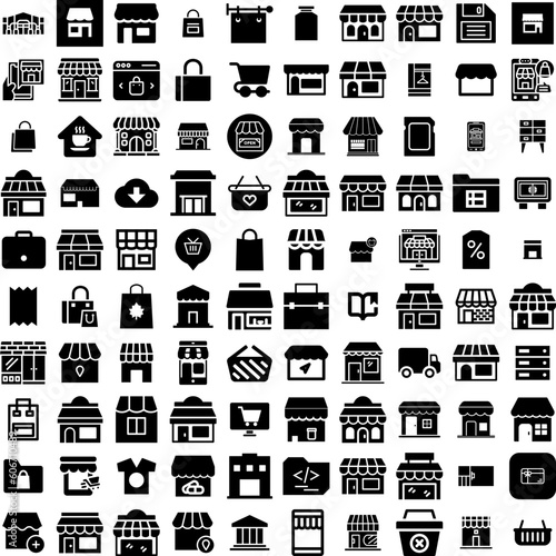 Collection Of 100 Store Icons Set Isolated Solid Silhouette Icons Including Store, Retail, Supermarket, Shop, Business, Sale, Market Infographic Elements Vector Illustration Logo