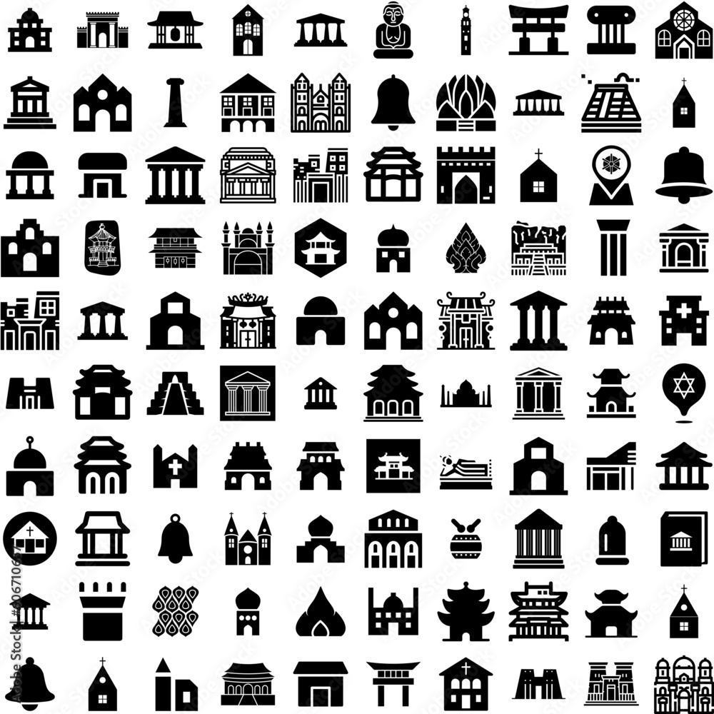 Collection Of 100 Temple Icons Set Isolated Solid Silhouette Icons Including Stone, Building, Architecture, Religion, Temple, Culture, Ancient Infographic Elements Vector Illustration Logo
