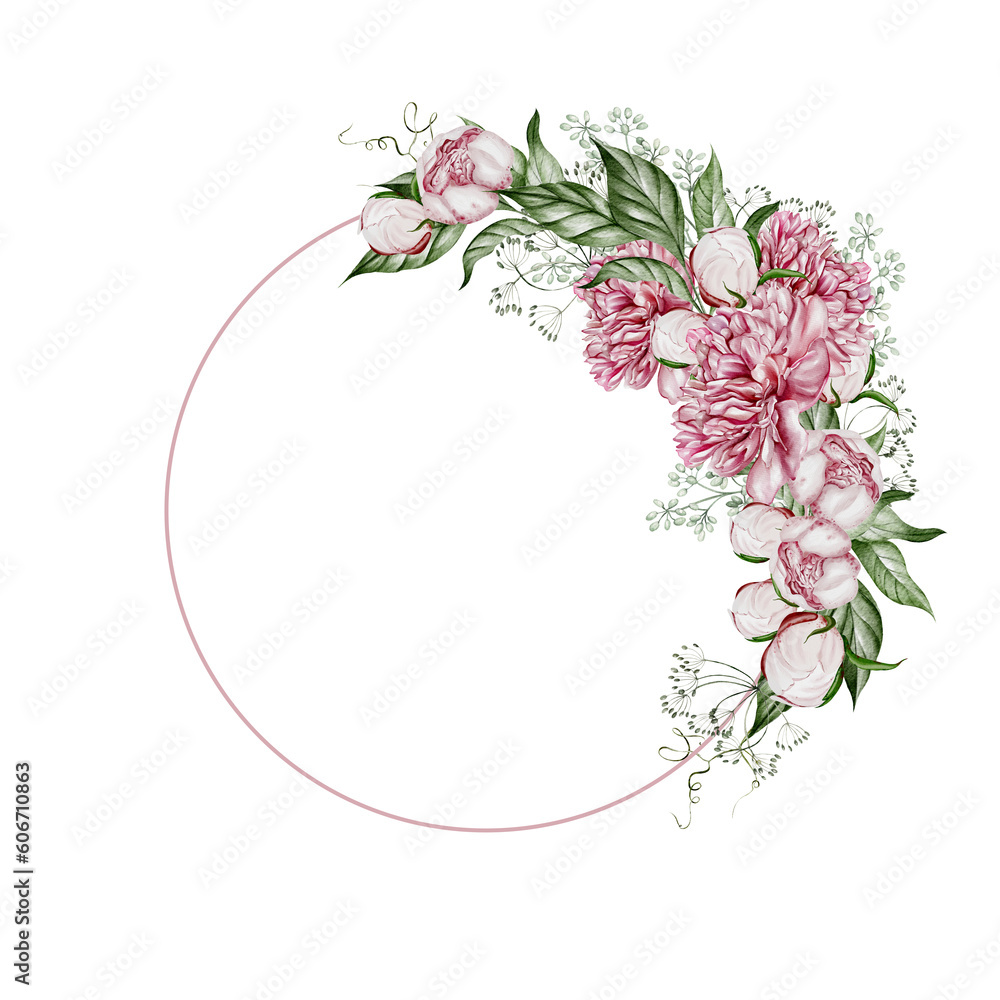 Watercolor wreath with peony flowers and green leaves. Watercolor wreath with peony flowers and green leaves.