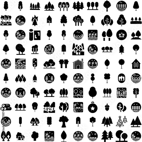Collection Of 100 Trees Icons Set Isolated Solid Silhouette Icons Including Nature, Tree, Isolated, Garden, Green, Forest, Plant Infographic Elements Vector Illustration Logo