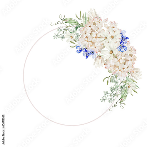 Watercolor wreath with forget me not flowers and chamomile  green leaves.