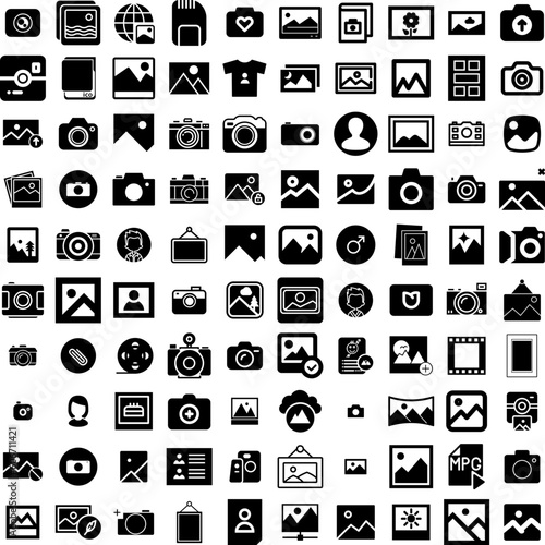 Collection Of 100 Picture Icons Set Isolated Solid Silhouette Icons Including Photo, Background, Blank, Frame, Art, Picture, Empty Infographic Elements Vector Illustration Logo