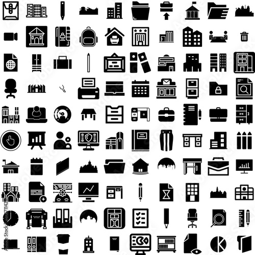 Collection Of 100 Office Icons Set Isolated Solid Silhouette Icons Including Computer, Modern, Business, Technology, Table, Work, Office Infographic Elements Vector Illustration Logo