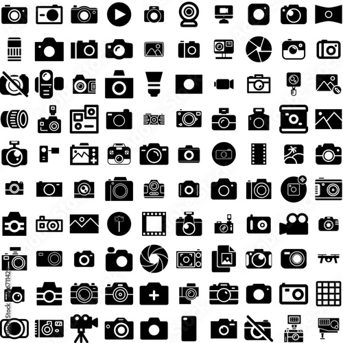 Collection Of 100 Photography Icons Set Isolated Solid Silhouette Icons Including Technology, Photo, Camera, Photographer, Lens, Equipment, Photography Infographic Elements Vector Illustration Logo