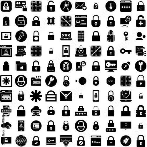 Collection Of 100 Password Icons Set Isolated Solid Silhouette Icons Including Icon, Web, Security, Password, Access, Protection, Safety Infographic Elements Vector Illustration Logo