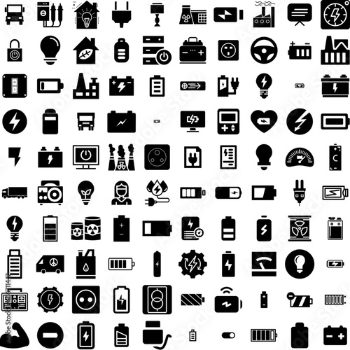 Collection Of 100 Power Icons Set Isolated Solid Silhouette Icons Including Illustration, Electricity, Power, Vector, Electric, Station, Energy Infographic Elements Vector Illustration Logo