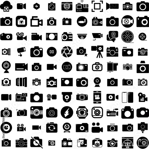 Collection Of 100 Camera Icons Set Isolated Solid Silhouette Icons Including Camera, Digital, Photo, Photography, Equipment, Illustration, Lens Infographic Elements Vector Illustration Logo