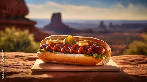 Hotdog with a desert in the background - Generative AI