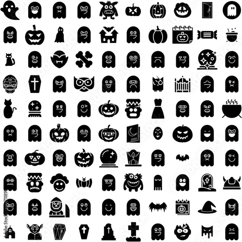 Collection Of 100 Halloween Icons Set Isolated Solid Silhouette Icons Including Vector, Halloween, Holiday, Horror, Spooky, Pumpkin, Background Infographic Elements Vector Illustration Logo