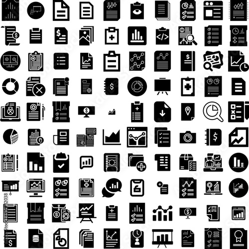 Collection Of 100 Report Icons Set Isolated Solid Silhouette Icons Including Business, Finance, Analysis, Financial, Marketing, Concept, Report Infographic Elements Vector Illustration Logo