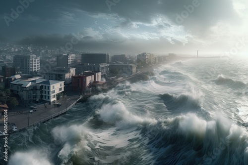 A city is in the distance with waves crashing in the foreground and a building in the background Gen