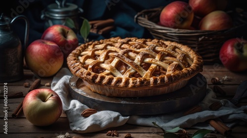 perfect viewing angle of sweet apple pie with complete composition on blur background