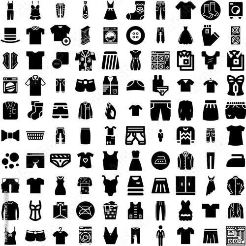 Collection Of 100 Clothes Icons Set Isolated Solid Silhouette Icons Including Fashion, Background, Style, Fabric, Cloth, Clothing, Clothes Infographic Elements Vector Illustration Logo
