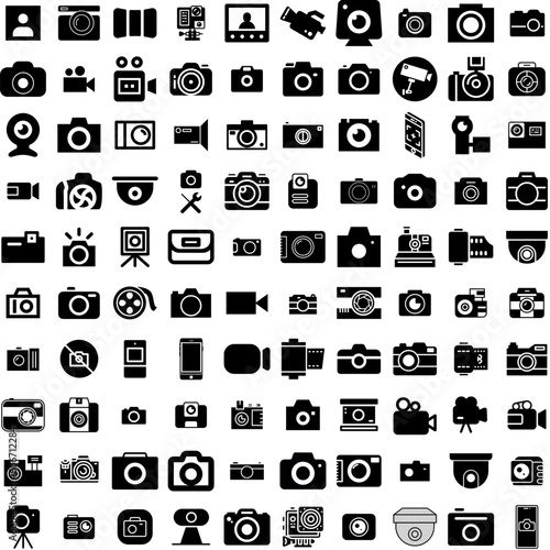 Collection Of 100 Camera Icons Set Isolated Solid Silhouette Icons Including Equipment, Illustration, Photography, Photo, Lens, Camera, Digital Infographic Elements Vector Illustration Logo