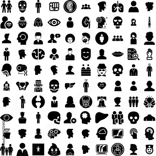 Collection Of 100 Human Icons Set Isolated Solid Silhouette Icons Including Team, Teamwork, Management, Businessman, Business, Human, People Infographic Elements Vector Illustration Logo