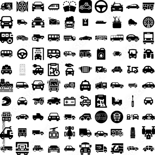 Collection Of 100 Vehicle Icons Set Isolated Solid Silhouette Icons Including Battery, Car, Vehicle, Power, Transport, Technology, Automobile Infographic Elements Vector Illustration Logo