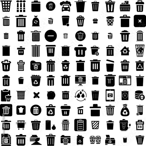 Collection Of 100 Trash Icons Set Isolated Solid Silhouette Icons Including Clean, Trash, Waste, Bin, Rubbish, Recycle, Garbage Infographic Elements Vector Illustration Logo