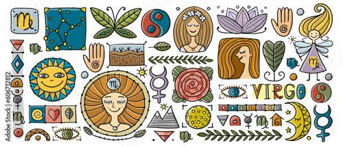 Virgo Zodiac Sign. Background with design elements. Banner, poster, mug print...