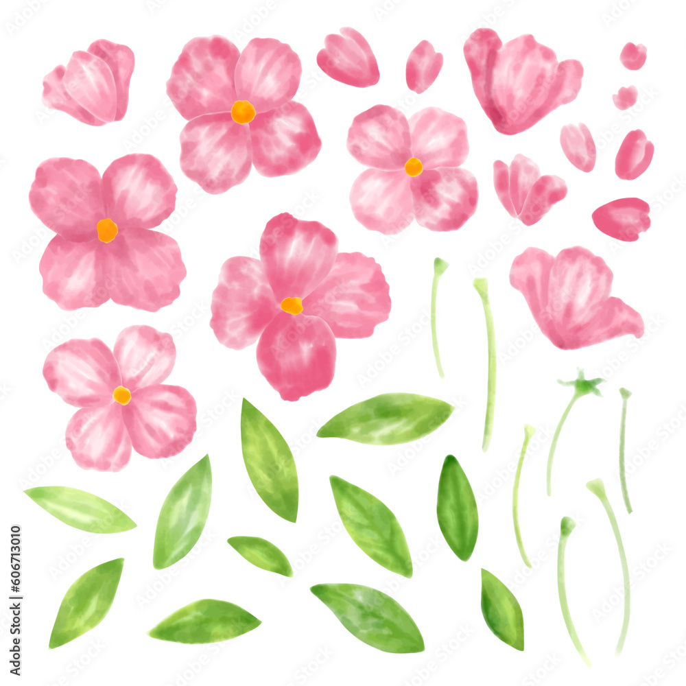 Set of floral elements. Flower pink rose, green leaves and stem. Wedding concept with flowers. Floral poster, invite. Vector arrangements for greeting card or invitation design