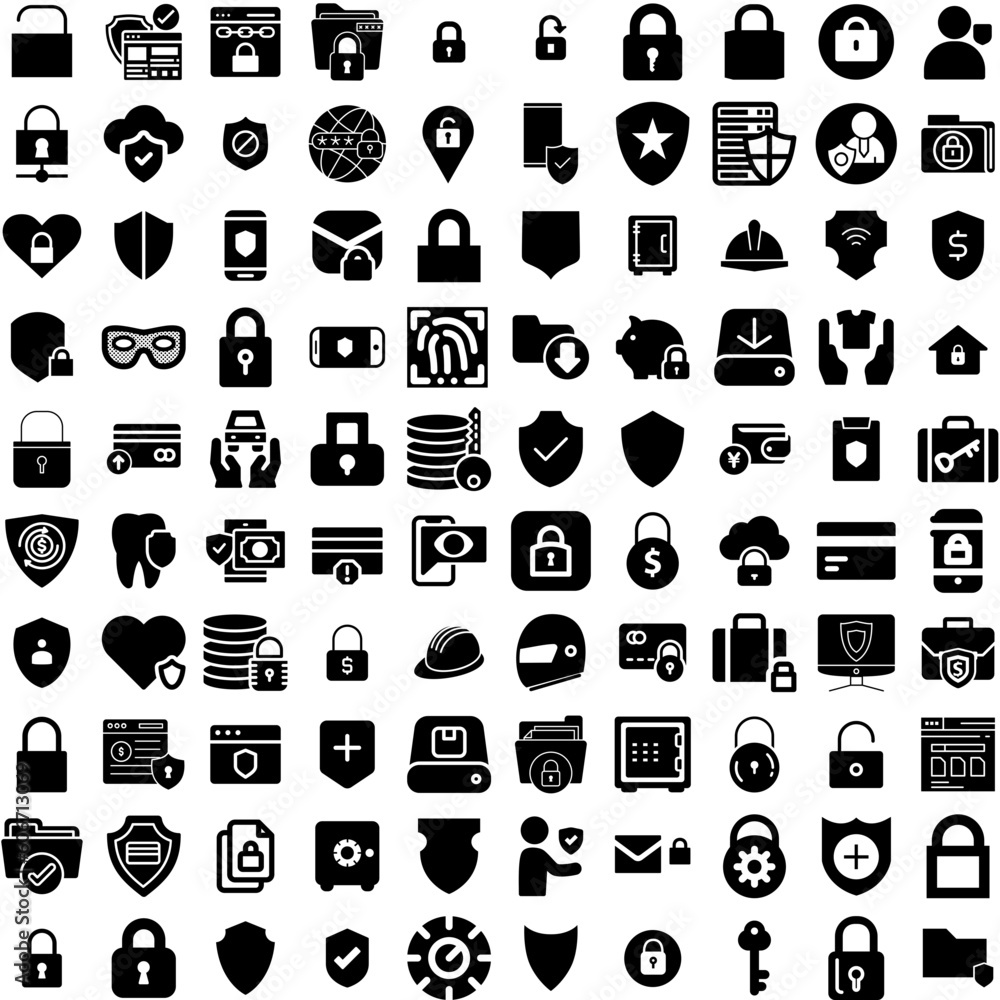 Collection Of 100 Secure Icons Set Isolated Solid Silhouette Icons Including Computer, Internet, Privacy, Protection, Security, Technology, Secure Infographic Elements Vector Illustration Logo