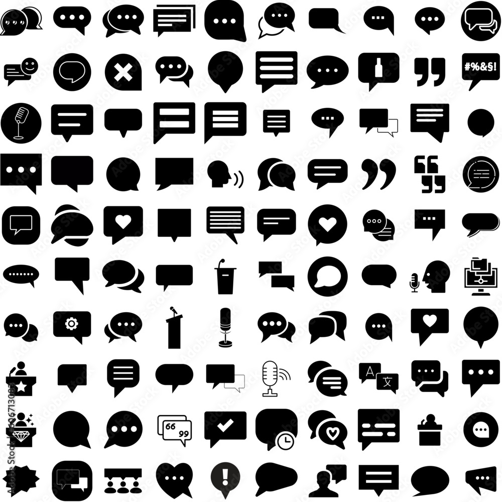 Collection Of 100 Speech Icons Set Isolated Solid Silhouette Icons Including Vector, Bubble, Message, Communication, Set, Discussion, Speech Infographic Elements Vector Illustration Logo