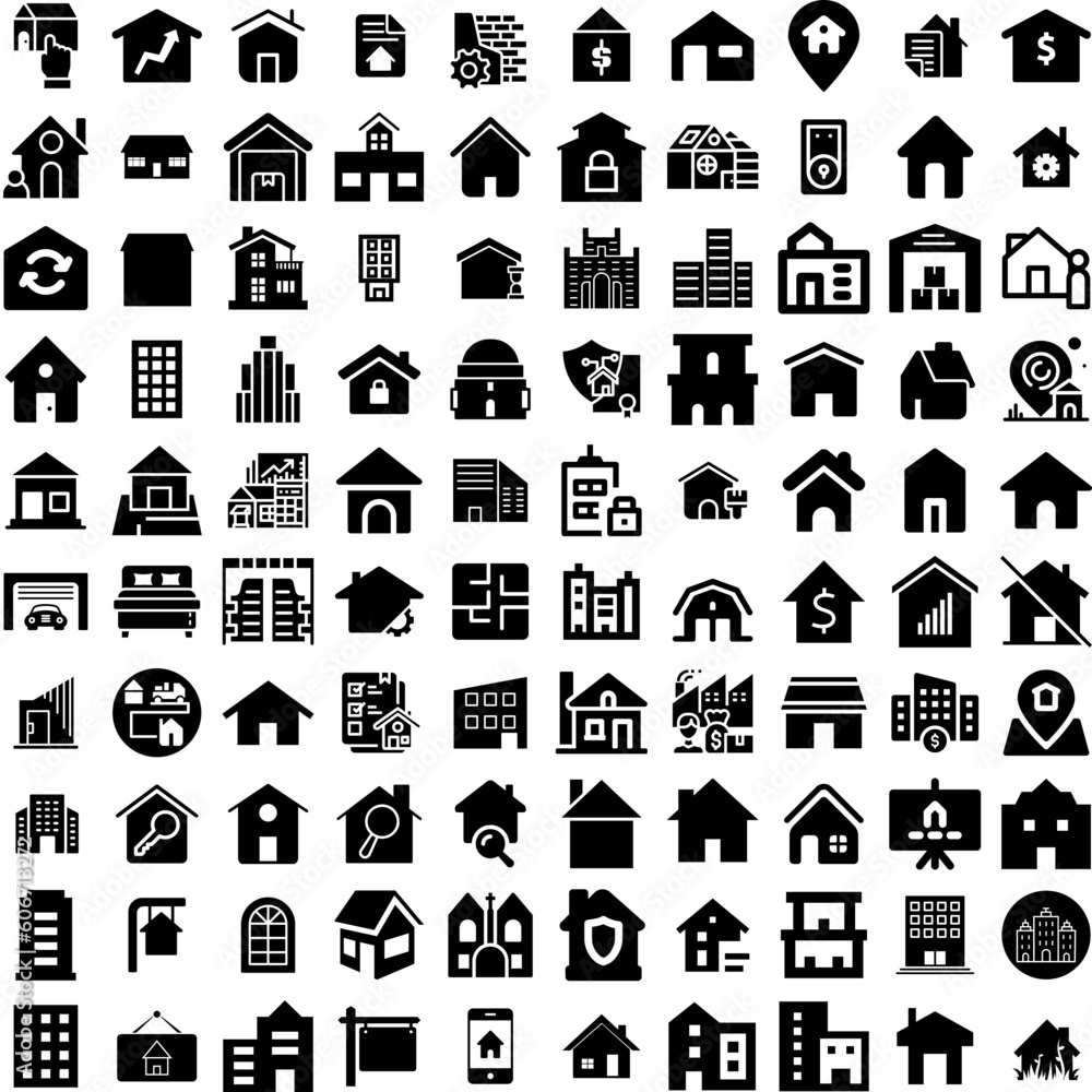 Collection Of 100 Estate Icons Set Isolated Solid Silhouette Icons Including Business, Investment, Real, Estate, Home, House, Property Infographic Elements Vector Illustration Logo