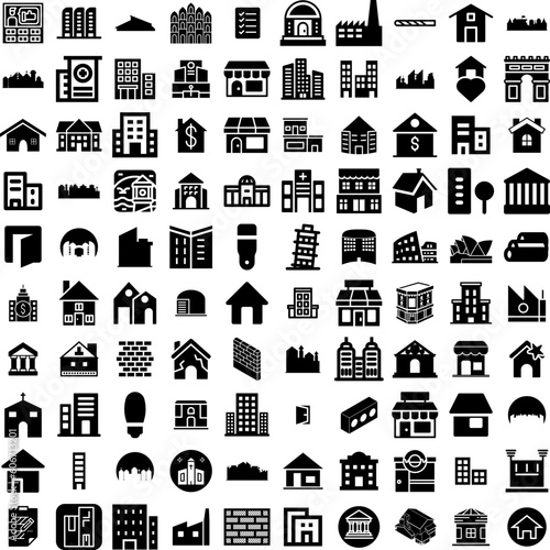 Collection Of 100 Building Icons Set Isolated Solid Silhouette Icons Including Construction, Building, Architecture, Urban, Business, Office, City Infographic Elements Vector Illustration Logo