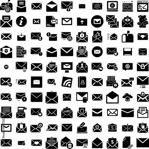 Collection Of 100 Email Icons Set Isolated Solid Silhouette Icons Including Email, Internet, Mail, Vector, Message, Communication, Web Infographic Elements Vector Illustration Logo