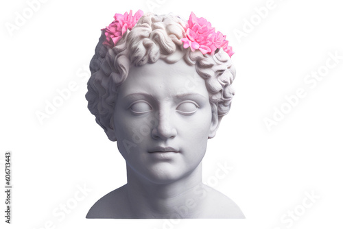 ancient greek statue head, with pink flowers, isolated