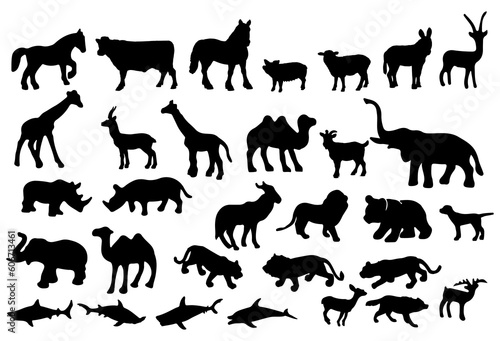 black animals silhouettes collection, isolated, big set