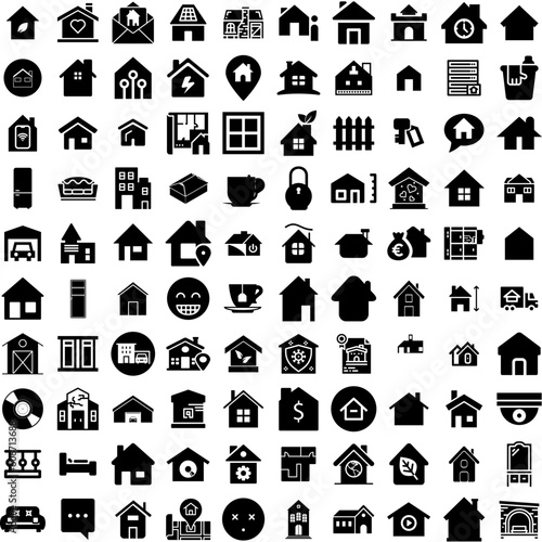 Collection Of 100 House Icons Set Isolated Solid Silhouette Icons Including Residential, Property, Estate, Home, Architecture, House, Building Infographic Elements Vector Illustration Logo