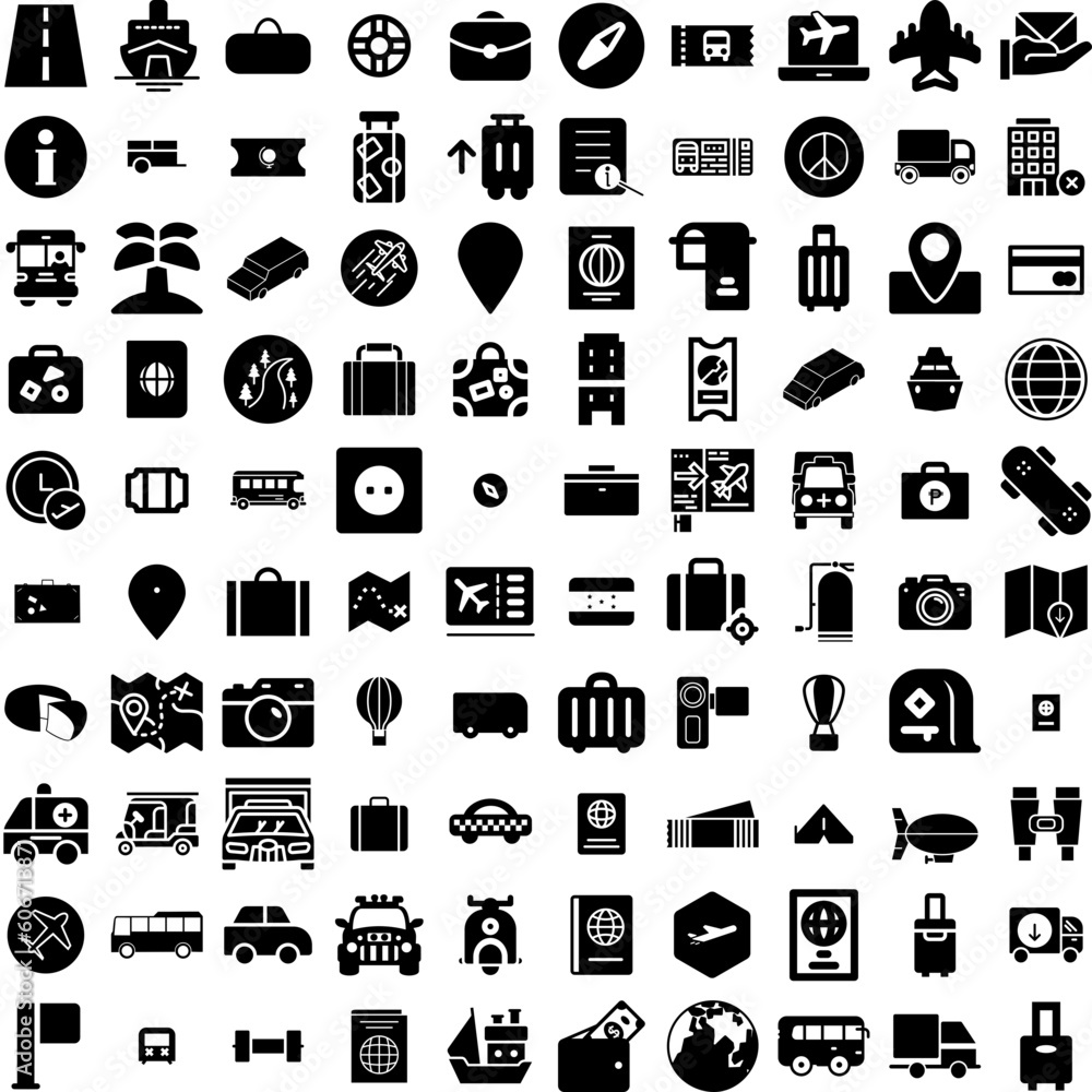 Collection Of 100 Travel Icons Set Isolated Solid Silhouette Icons Including Tourism, Trip, Holiday, Vacation, Travel, Journey, Airplane Infographic Elements Vector Illustration Logo