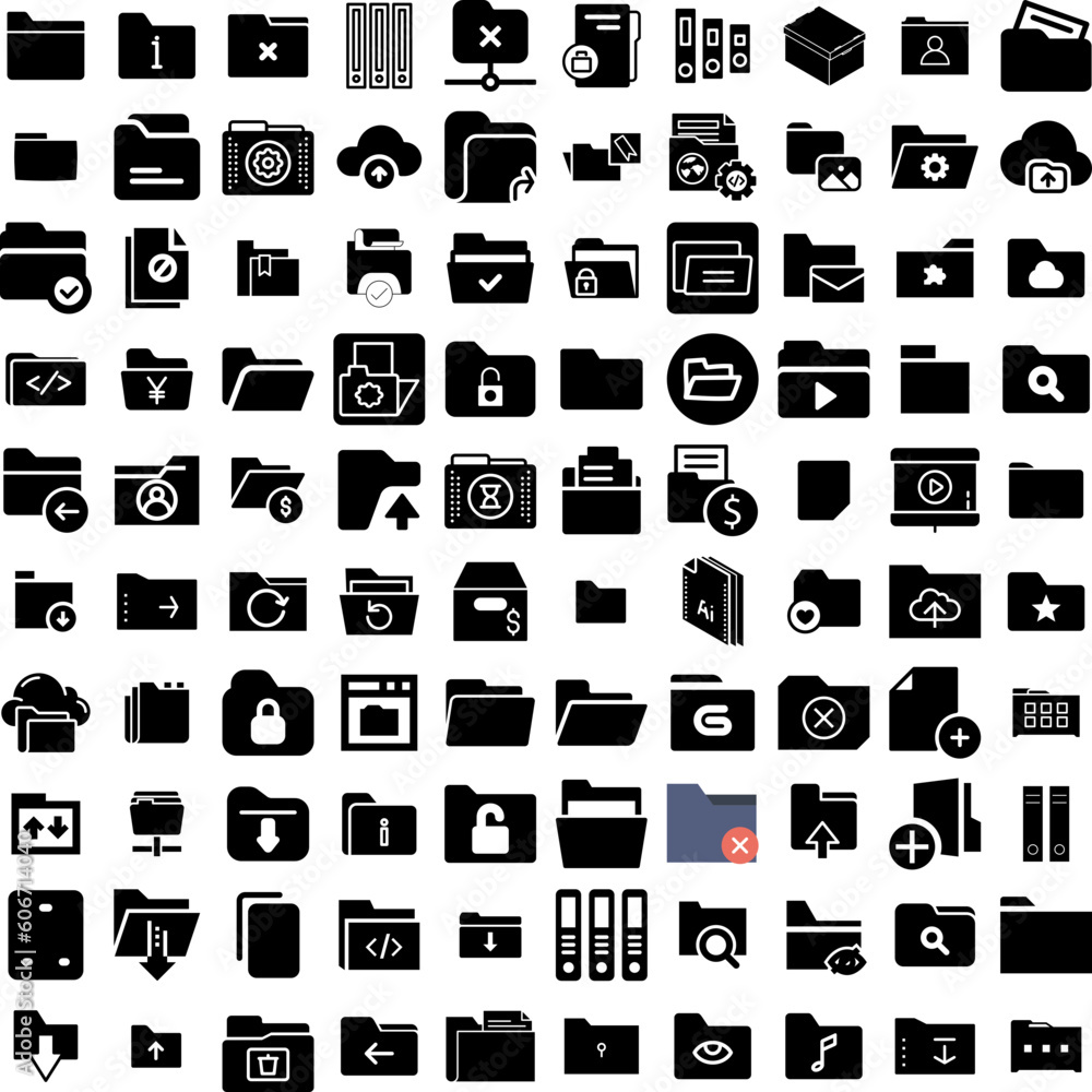 Collection Of 100 Folder Icons Set Isolated Solid Silhouette Icons Including Document, Business, File, Paper, Folder, Open, Design Infographic Elements Vector Illustration Logo