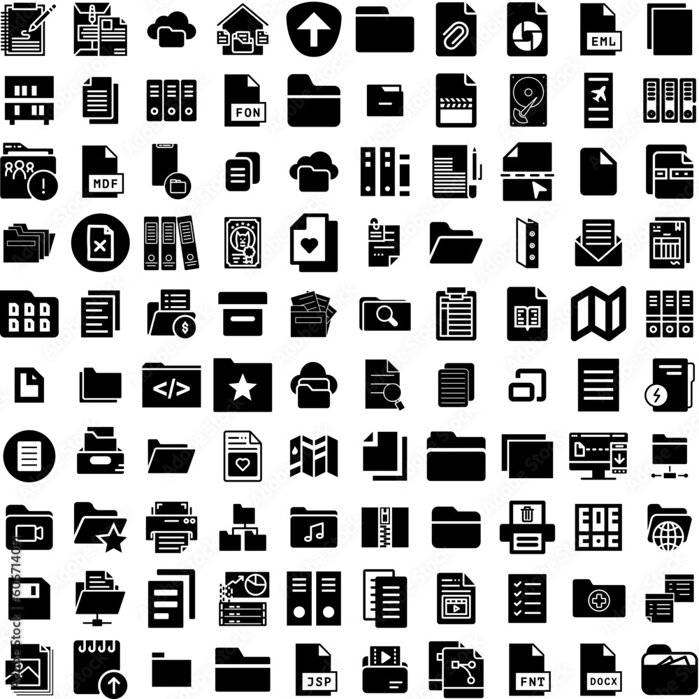 Collection Of 100 Files Icons Set Isolated Solid Silhouette Icons Including Information, Icon, Office, Management, Business, Document, File Infographic Elements Vector Illustration Logo