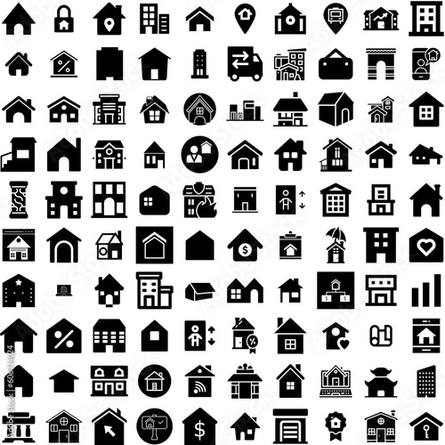 Collection Of 100 Estate Icons Set Isolated Solid Silhouette Icons Including Property, Estate, Investment, Real, House, Business, Home Infographic Elements Vector Illustration Logo