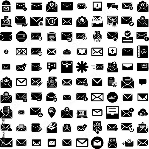 Collection Of 100 Email Icons Set Isolated Solid Silhouette Icons Including Internet, Communication, Message, Web, Mail, Email, Vector Infographic Elements Vector Illustration Logo