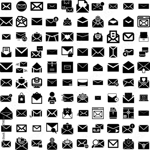 Collection Of 100 Envelope Icons Set Isolated Solid Silhouette Icons Including Paper, Vector, Letter, Message, Isolated, Envelope, Blank Infographic Elements Vector Illustration Logo