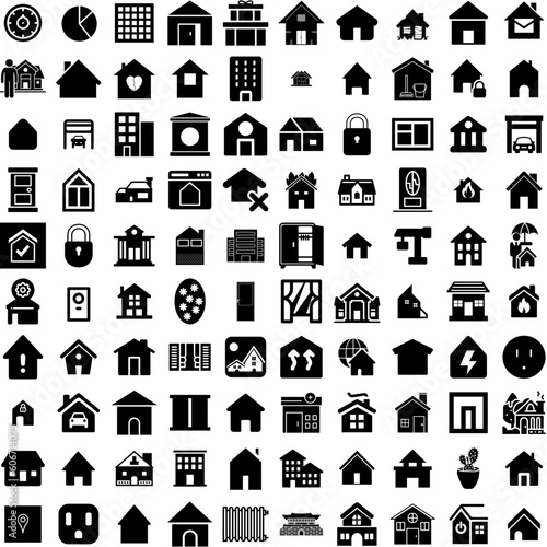 Collection Of 100 House Icons Set Isolated Solid Silhouette Icons Including House, Architecture, Home, Property, Estate, Building, Residential Infographic Elements Vector Illustration Logo