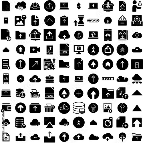 Collection Of 100 Upload Icons Set Isolated Solid Silhouette Icons Including Upload, Website, Vector, Web, Internet, Technology, Icon Infographic Elements Vector Illustration Logo