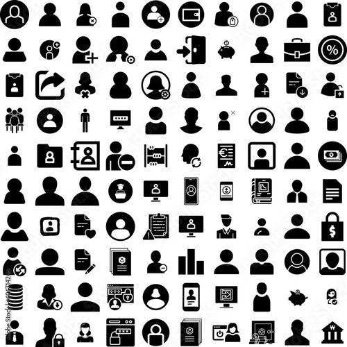 Collection Of 100 Account Icons Set Isolated Solid Silhouette Icons Including Technology, People, Internet, Account, Background, Vector, Business Infographic Elements Vector Illustration Logo