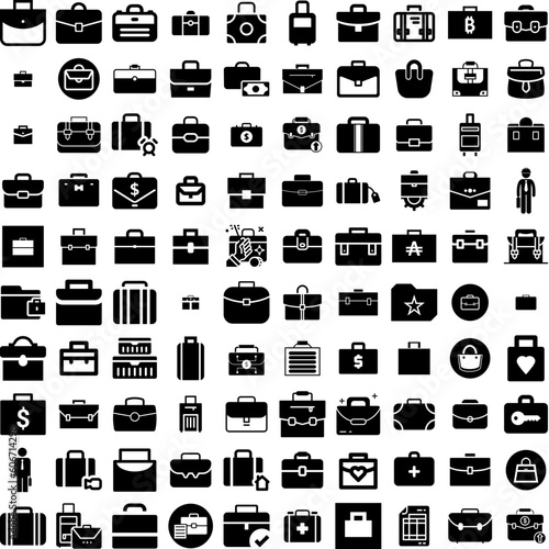 Collection Of 100 Briefcase Icons Set Isolated Solid Silhouette Icons Including Business, Case, Briefcase, Bag, Suitcase, Design, Office Infographic Elements Vector Illustration Logo