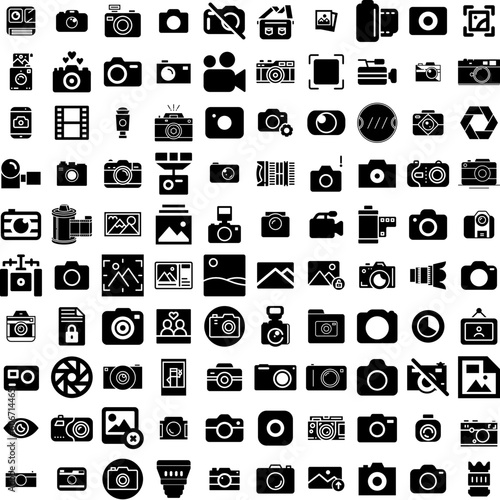 Collection Of 100 Photography Icons Set Isolated Solid Silhouette Icons Including Lens, Photography, Camera, Equipment, Photographer, Technology, Photo Infographic Elements Vector Illustration Logo