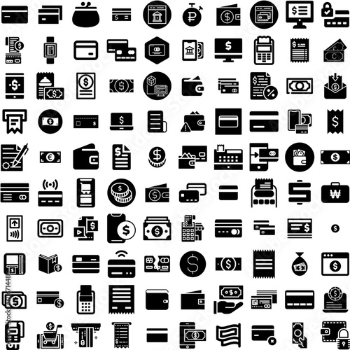 Collection Of 100 Payment Icons Set Isolated Solid Silhouette Icons Including Money, Payment, Business, Finance, Smartphone, Mobile, Phone Infographic Elements Vector Illustration Logo
