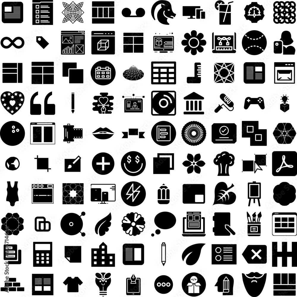 Collection Of 100 Design Icons Set Isolated Solid Silhouette Icons Including Illustration, Design, Template, Vector, Modern, Banner, Graphic Infographic Elements Vector Illustration Logo