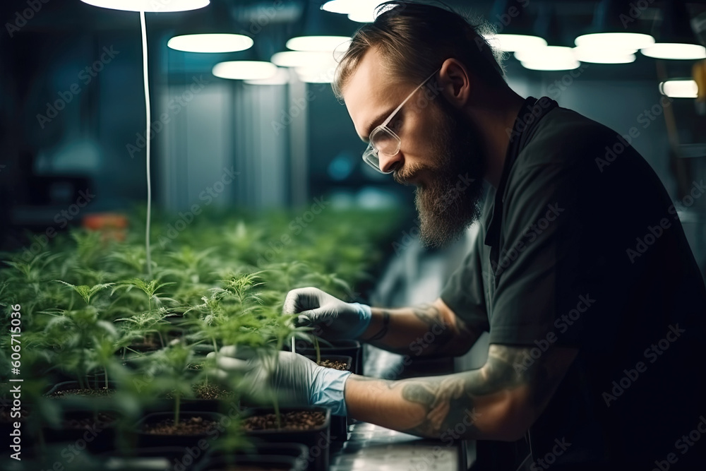 male worker in greenhouse with medicinal cannabis marijuana bushes. Legal commercial hemp growing business. Generative AI - obrazy, fototapety, plakaty 