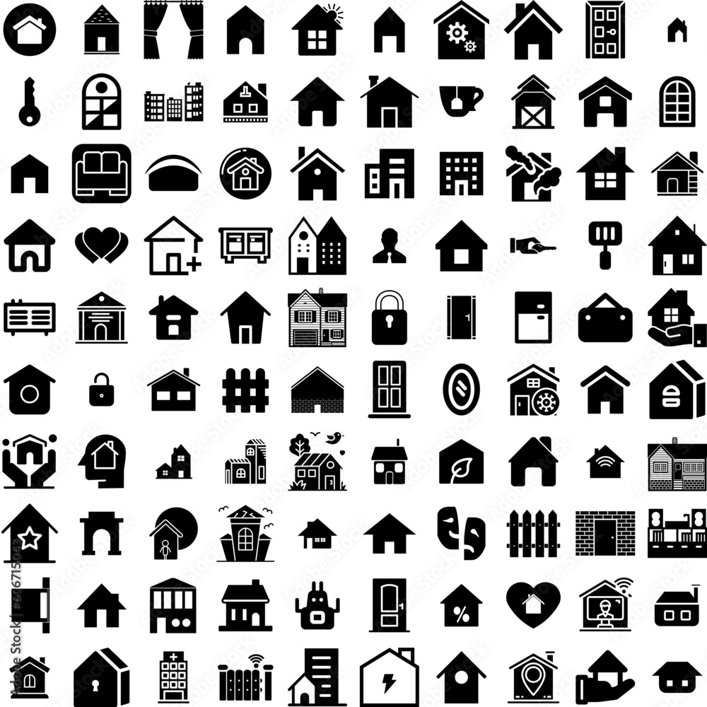 Collection Of 100 House Icons Set Isolated Solid Silhouette Icons Including Estate, Property, Home, Residential, Architecture, House, Building Infographic Elements Vector Illustration Logo