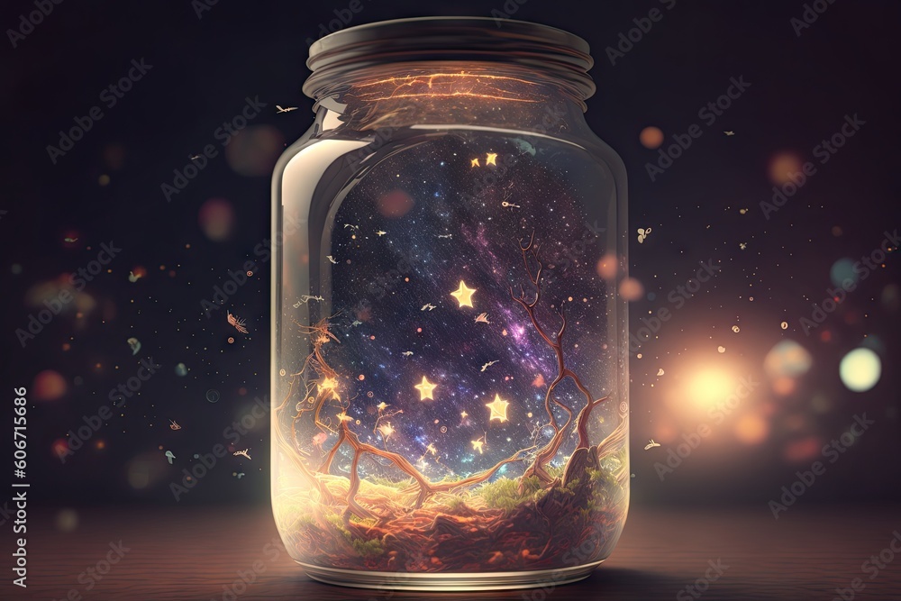 Fantasy landscape in a jar with stars and planets Fantasy landscape in a jar with stars and planets