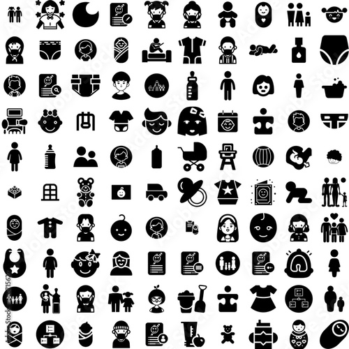 Collection Of 100 Child Icons Set Isolated Solid Silhouette Icons Including Boy, Child, Happy, Childhood, Fun, Girl, Kid Infographic Elements Vector Illustration Logo