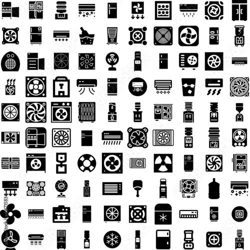 Collection Of 100 Cooler Icons Set Isolated Solid Silhouette Icons Including Cold, Box, Cooler, Background, Refrigerator, Summer, Plastic Infographic Elements Vector Illustration Logo